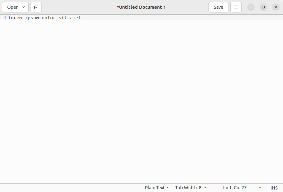A new document in the Ubuntu text editor showing just a single line of text.