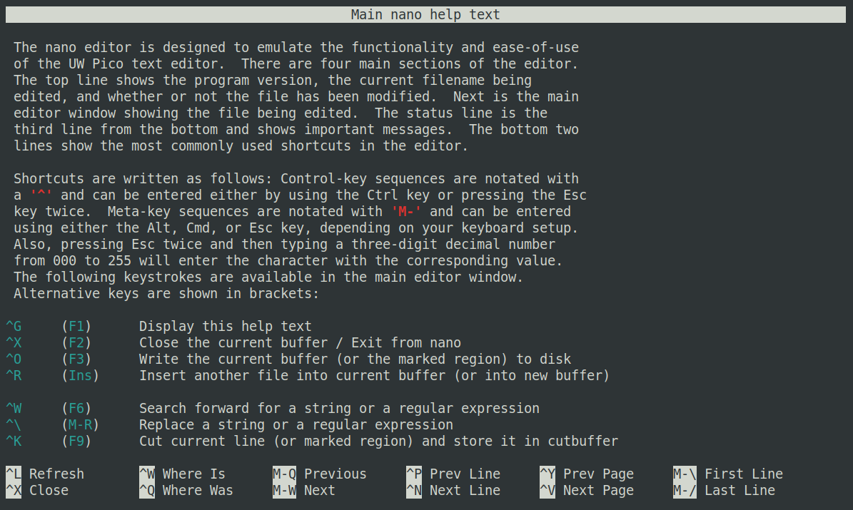 The nano text editor showing help text with keyboard shortcuts at the bottom.