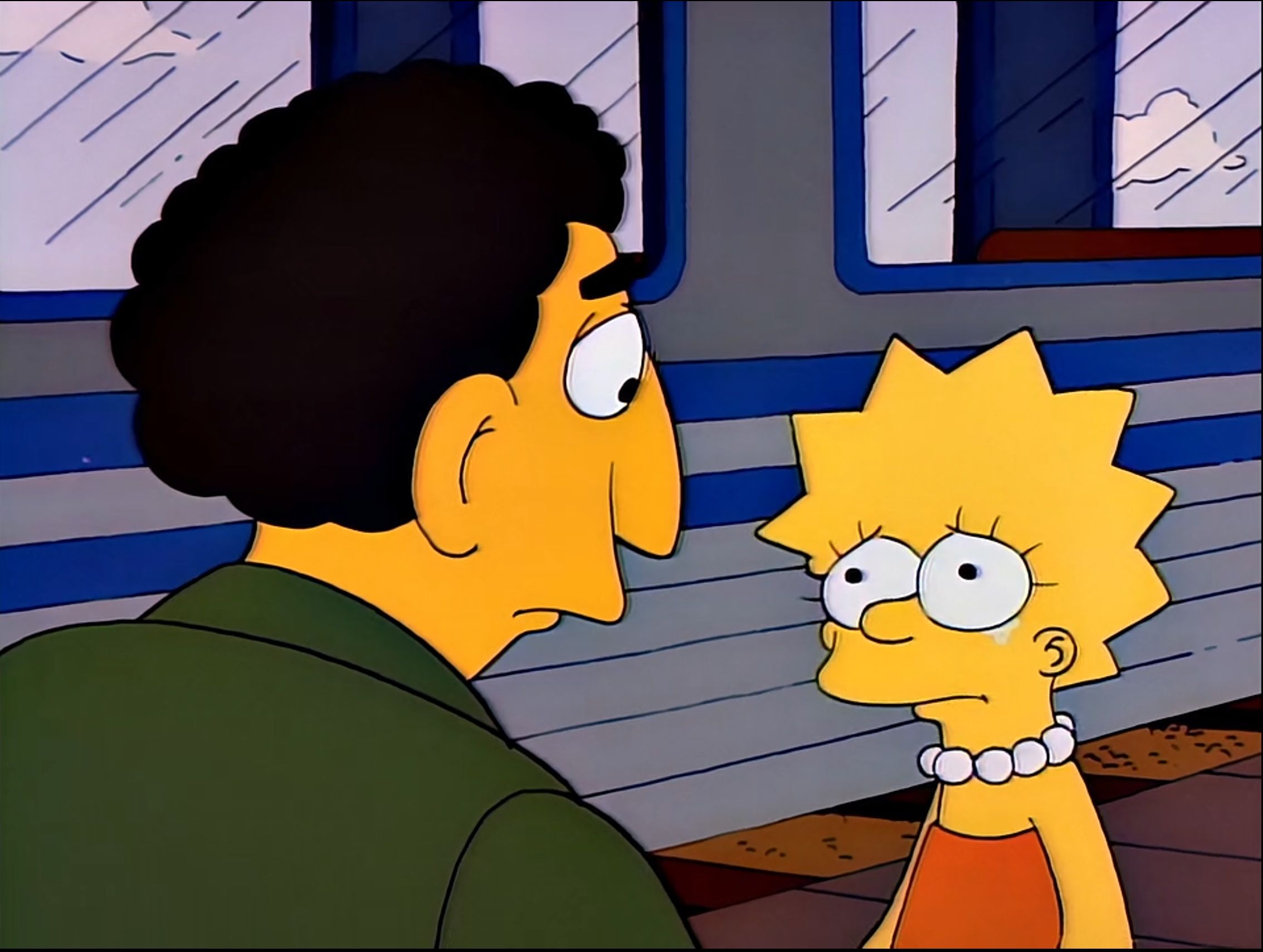 Lisa cries as her favorite teacher leaves on a train.