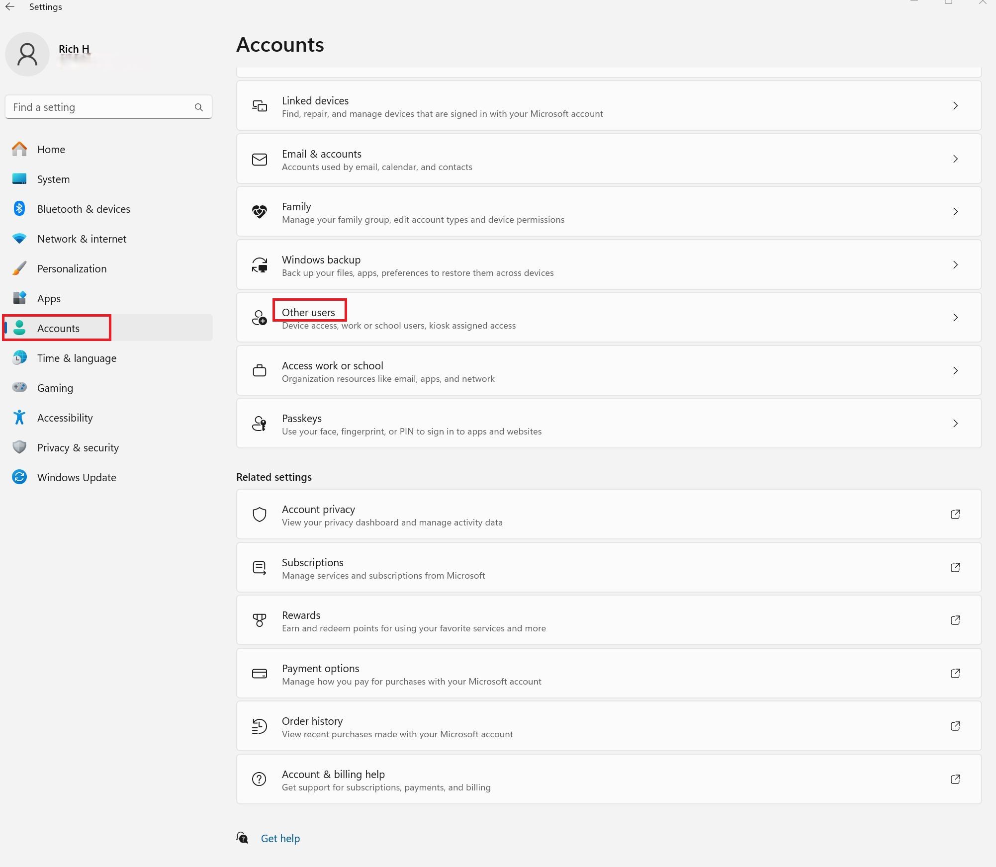 A screenshot of Windows 11 privacy settings where you can create a new account.