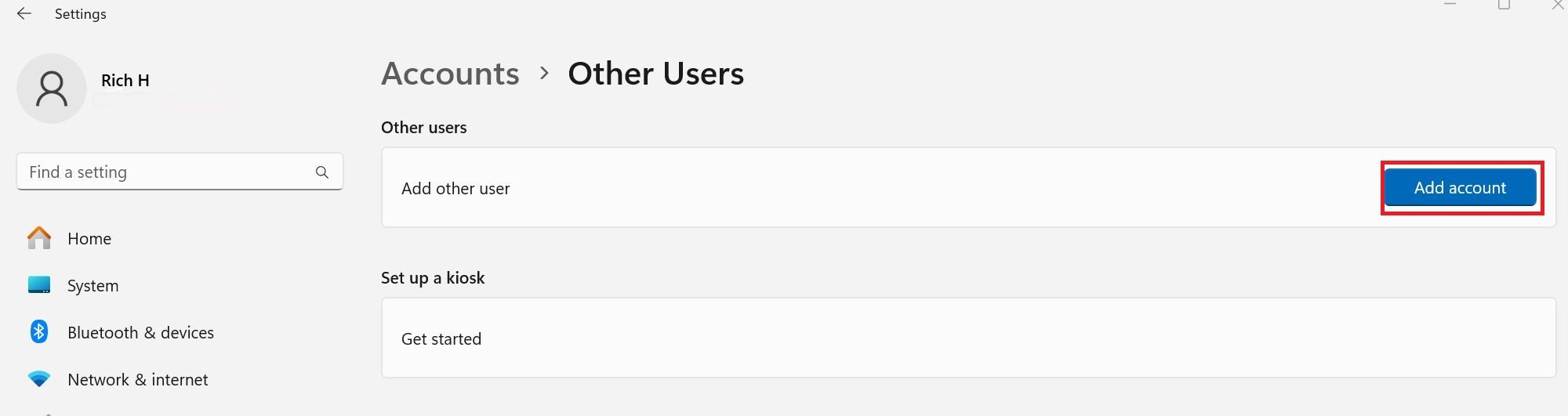 A screenshot of the other users section inside of Windows.