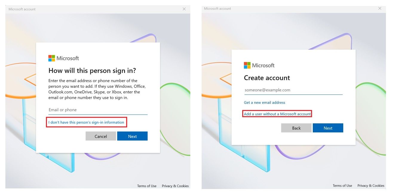 Two screens side by side, outlining the steps to create a new Microsoft local account in Windows 11.