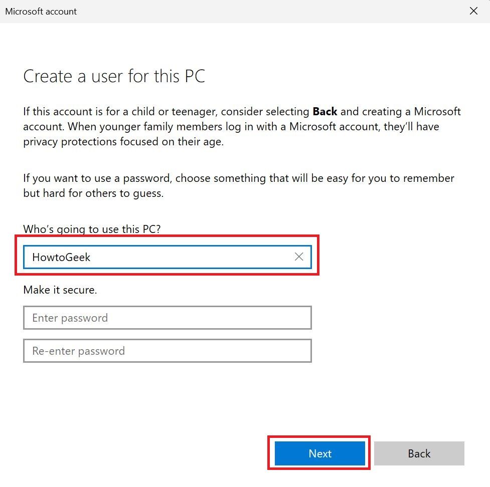 The Create a user for this PC dialog box in Windows 11