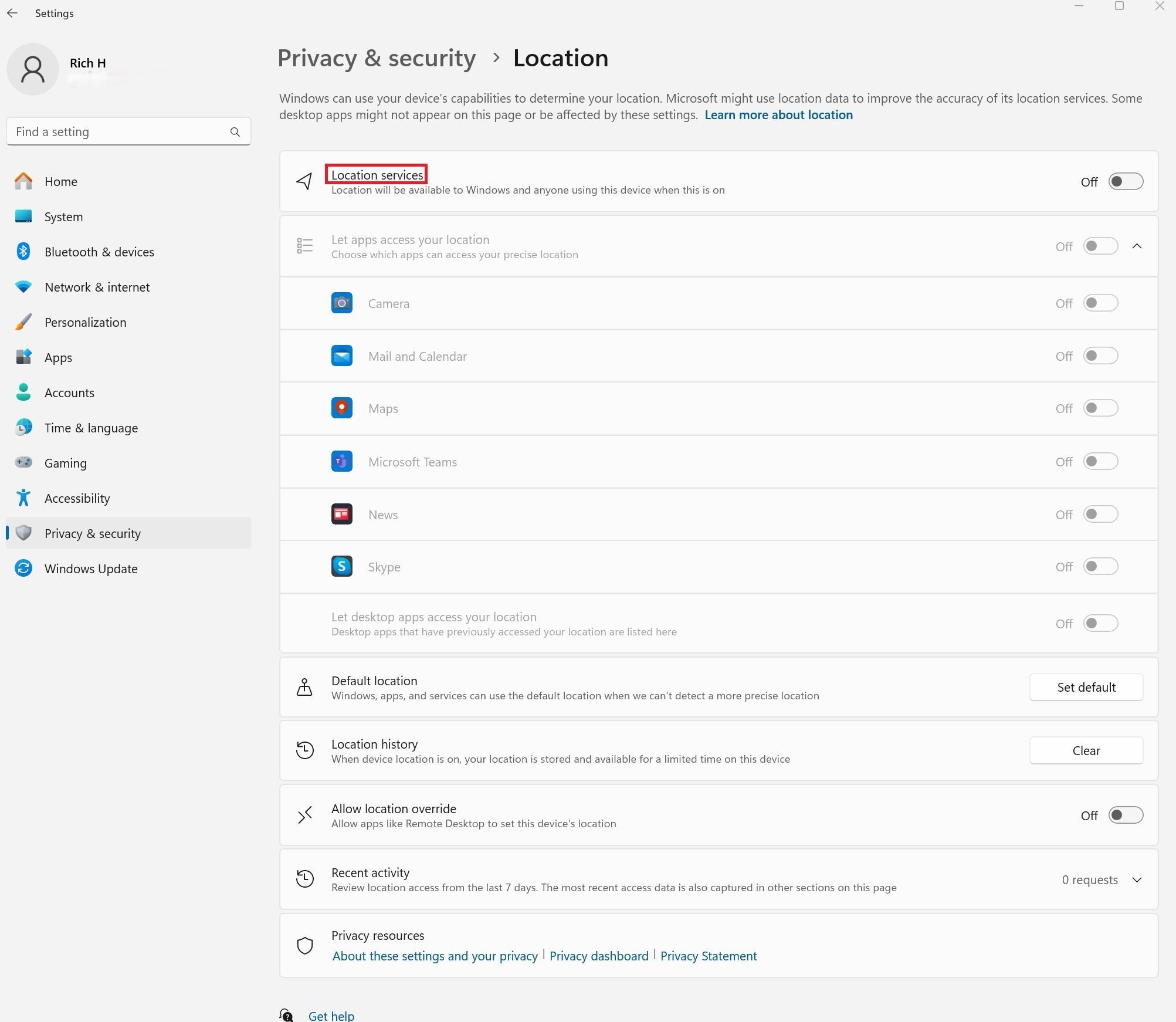 The Privacy & Security screen in Windows 11 that covers location data
