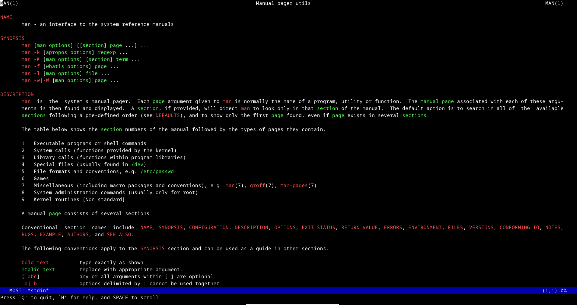 Viewing the manpage of the "man" command in Most in the Linux terminal.