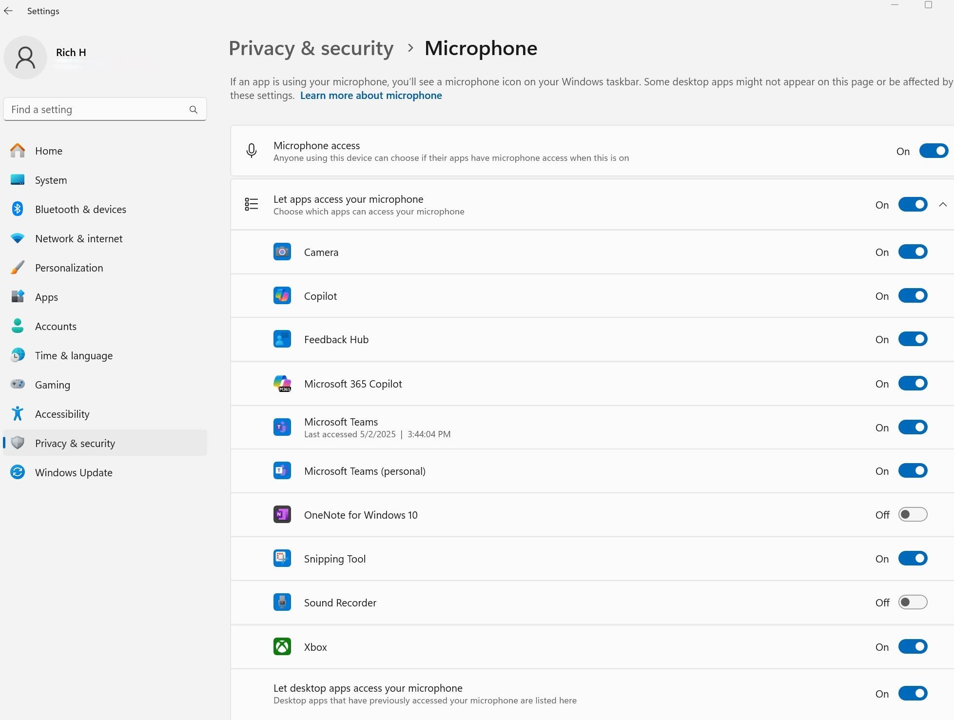 The microphone permissions page inside Windows 11.