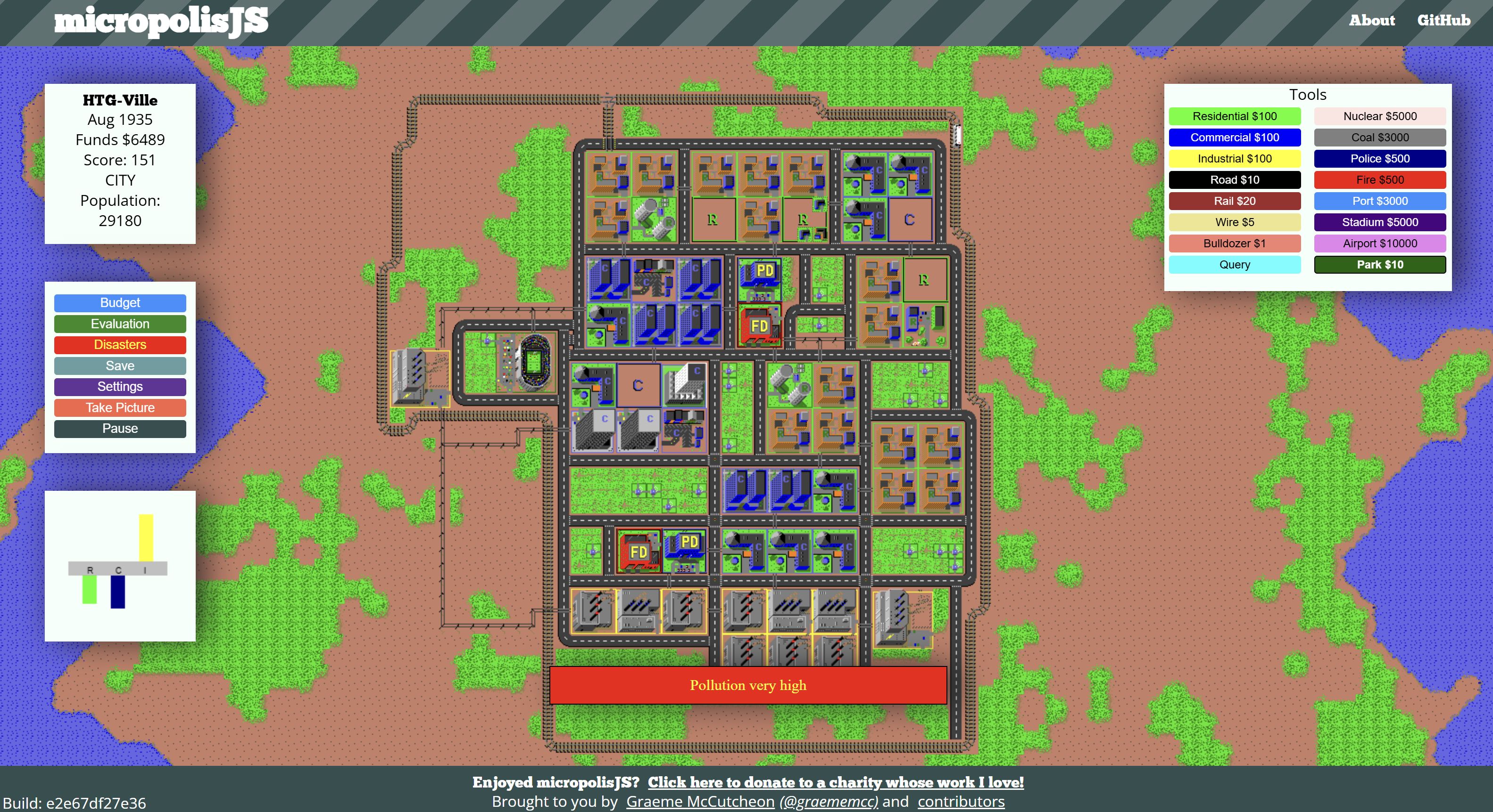 A screenshot of a horrifically mismanaged city in the browser port of SimCity: micropolisJS.