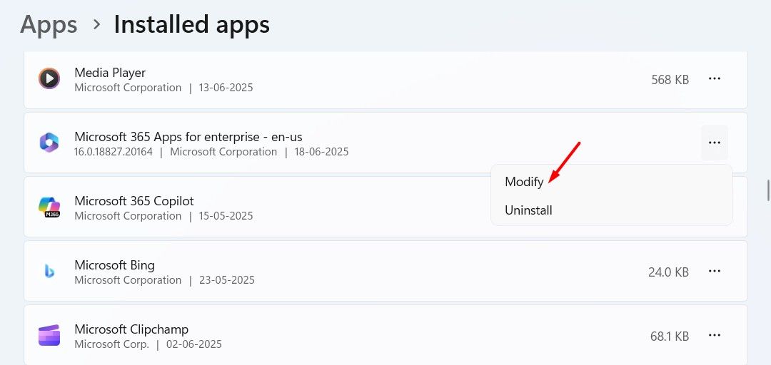Modify option for Microsoft 365 Apps.