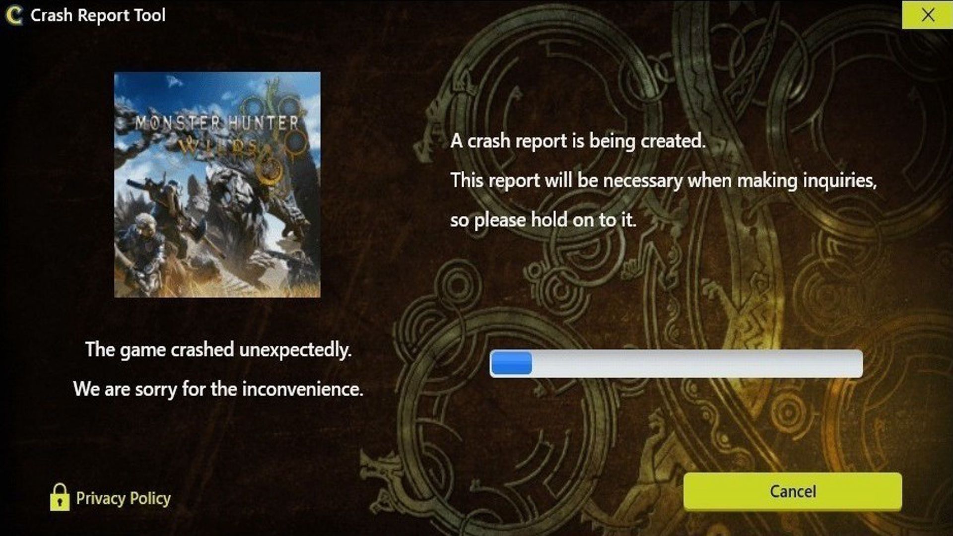 A screen showing the game crashing in Monster Hunter Wilds.