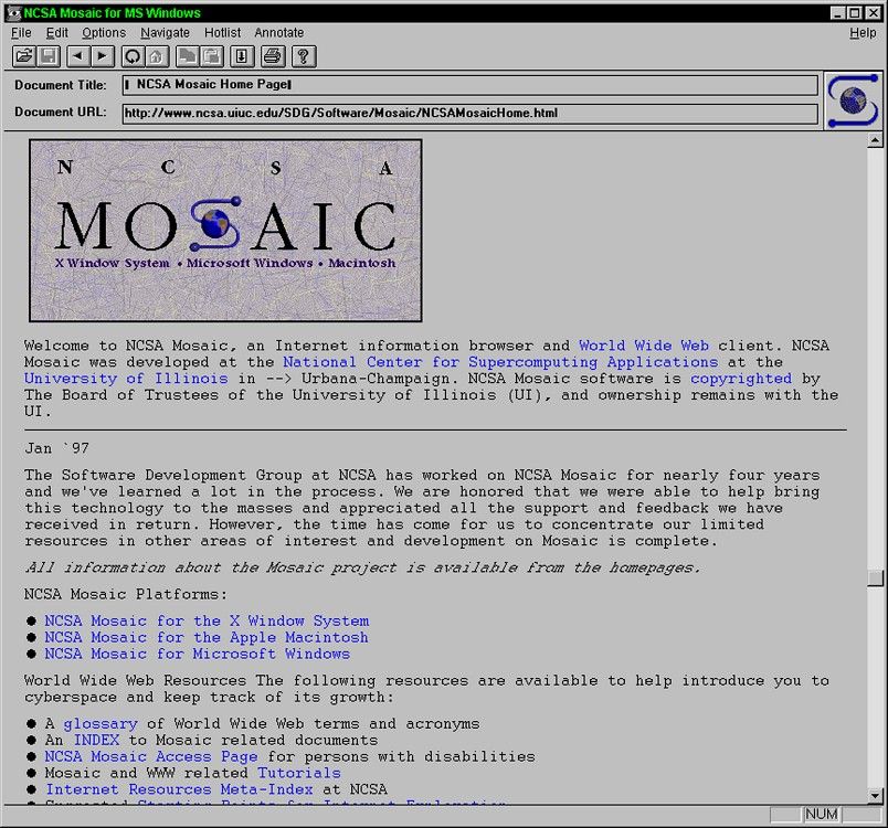 A screenshot showing the version 1.0.2 of the NCSA Mosaic web browser. 