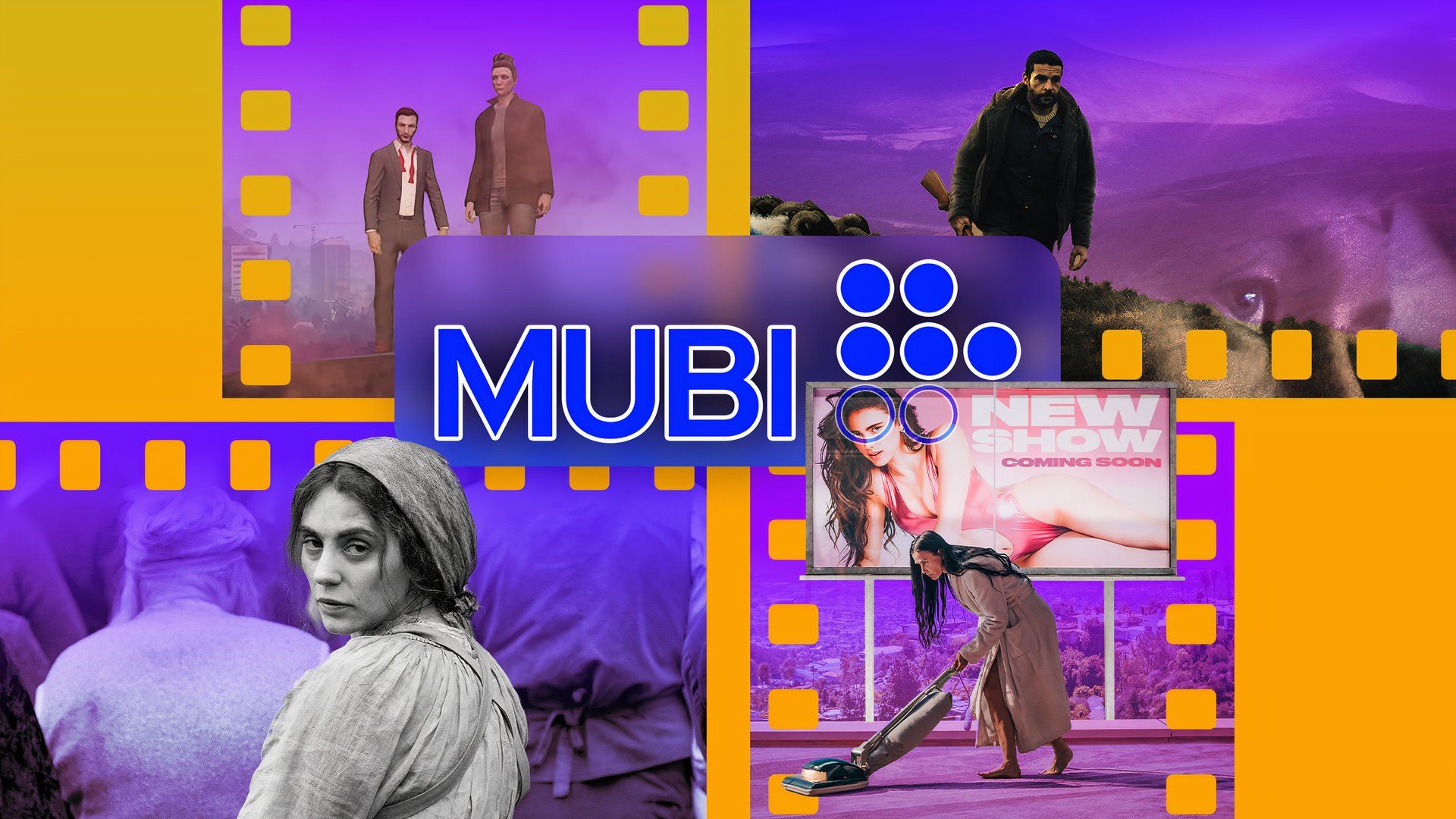 MUBI logo with film strips featuring scenes from some movies in the background.