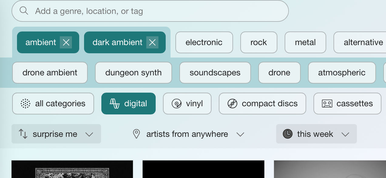 Narrowing down a search with Bandcamp's search tool.