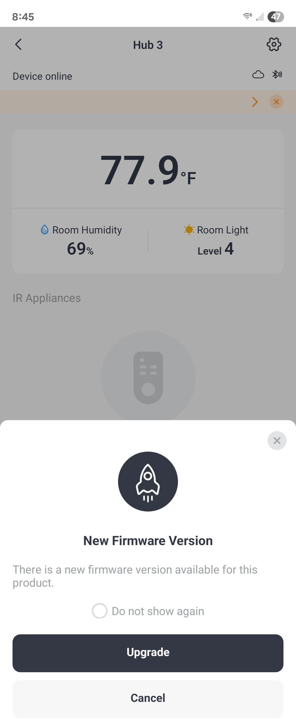 Nova notificação de firmware dentro do aplicativo Android Switchbot.