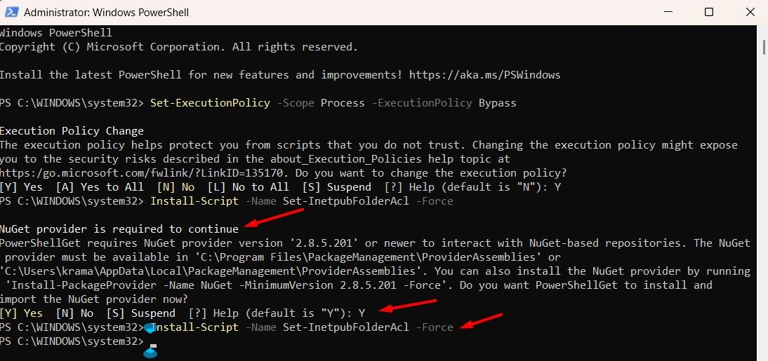 Mensagem de requisitos do provedor Nuget em PowerShell.
