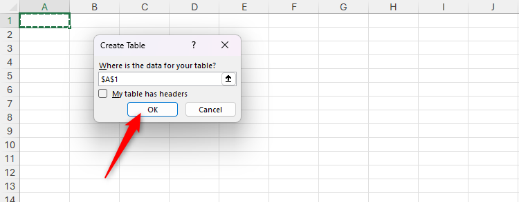 OK is selected in the Create Table dialog box in Excel.
