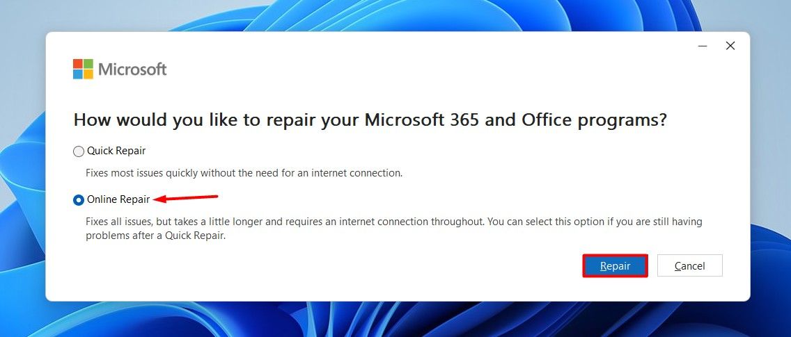 Online Repair option in the Microsoft Office apps repair window.