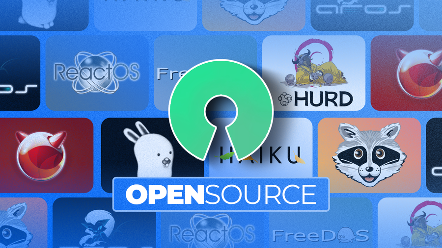 Open source icon with various operating system logos in the background.