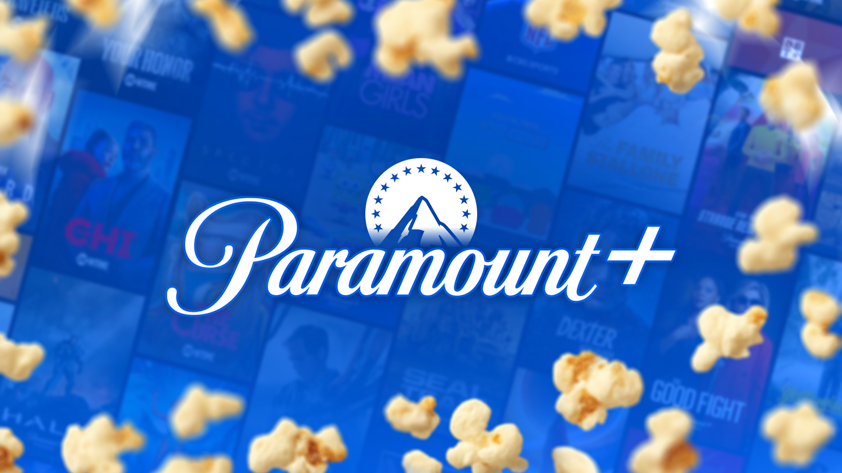 Paramount Plus logo with some movie covers blurred in the background and popcorn around.