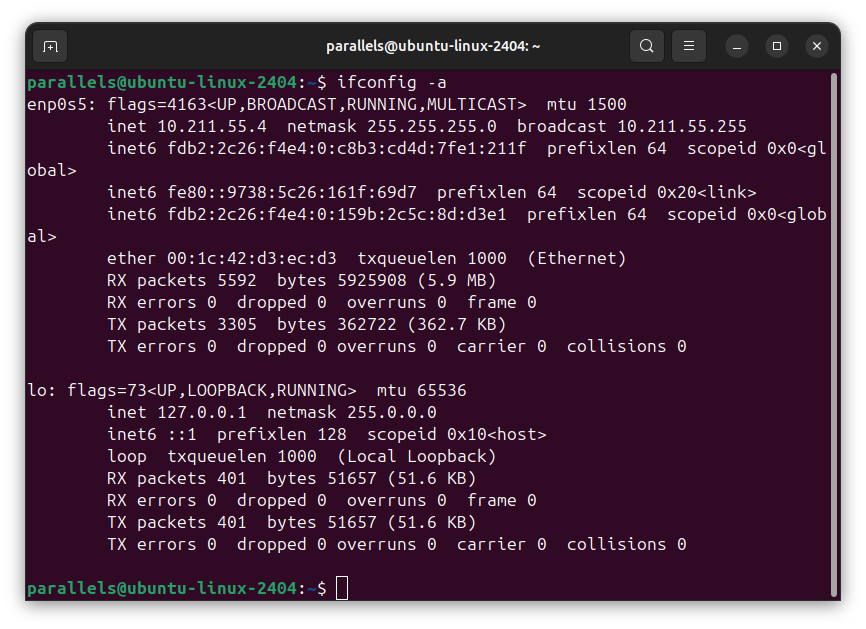 IFCONFIG command in a terminal on Ubuntu Linux.