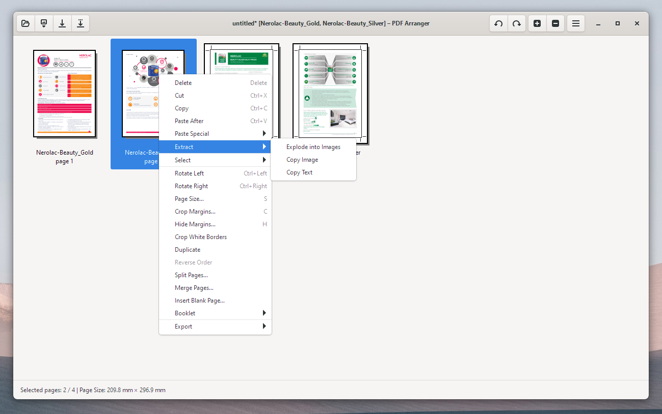A screenshot showing PDF Arranger with two open PDFs files.