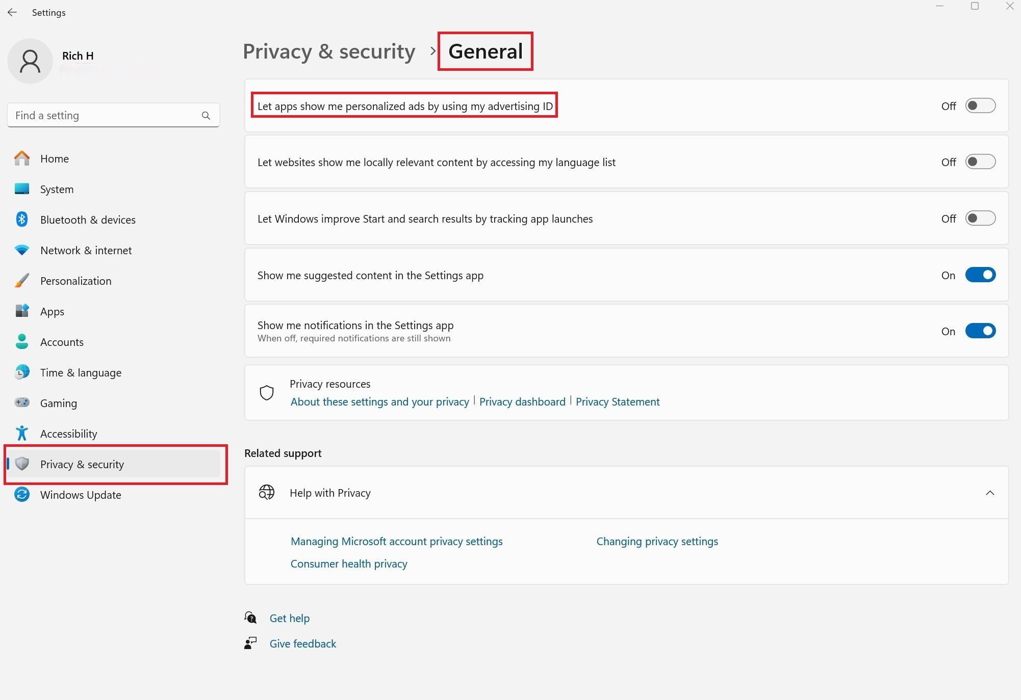 A screenshot of Windows 11 General screen in Privacy & Security.