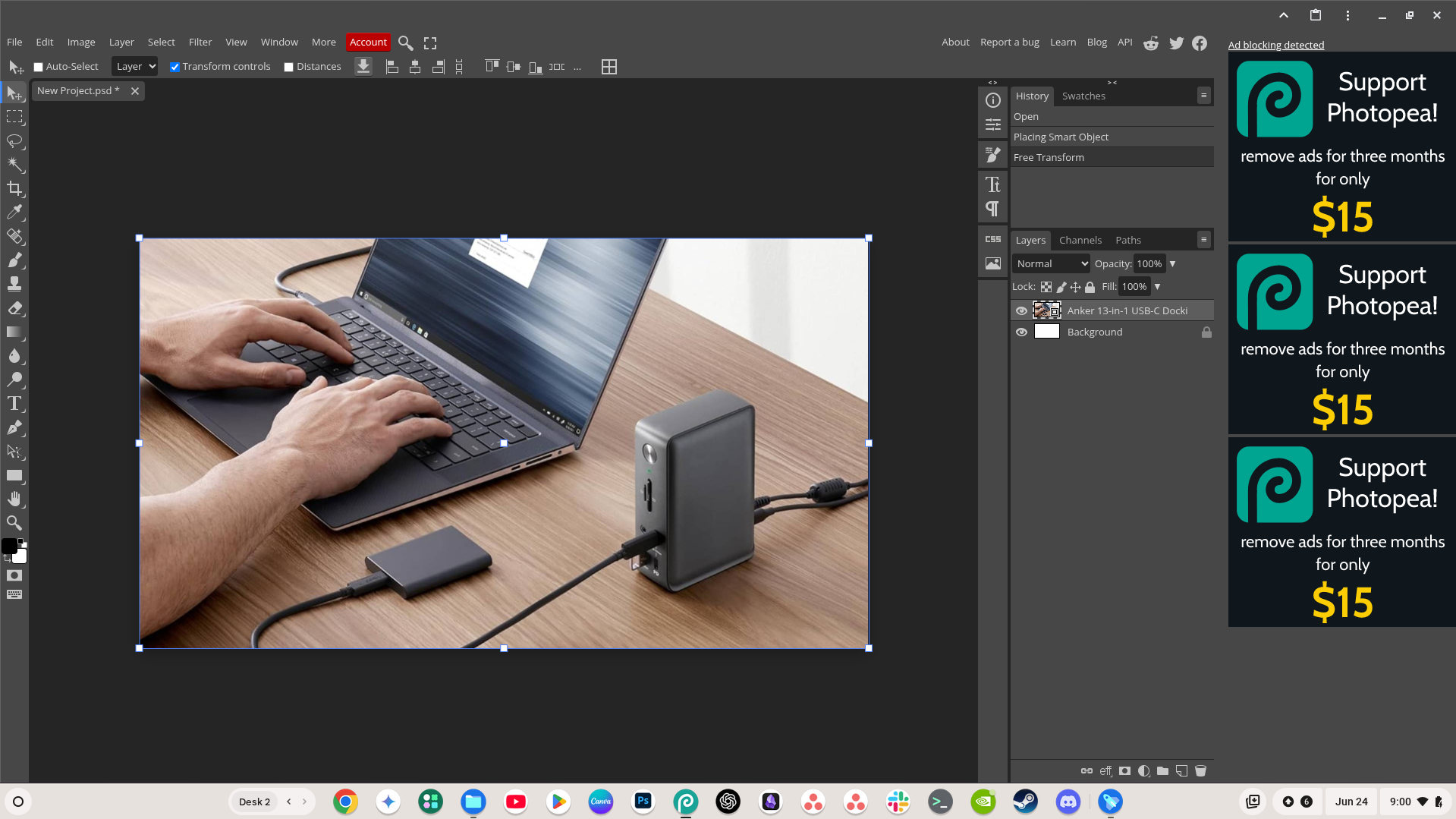 Photopea progressive web app opened on a Chromebook.