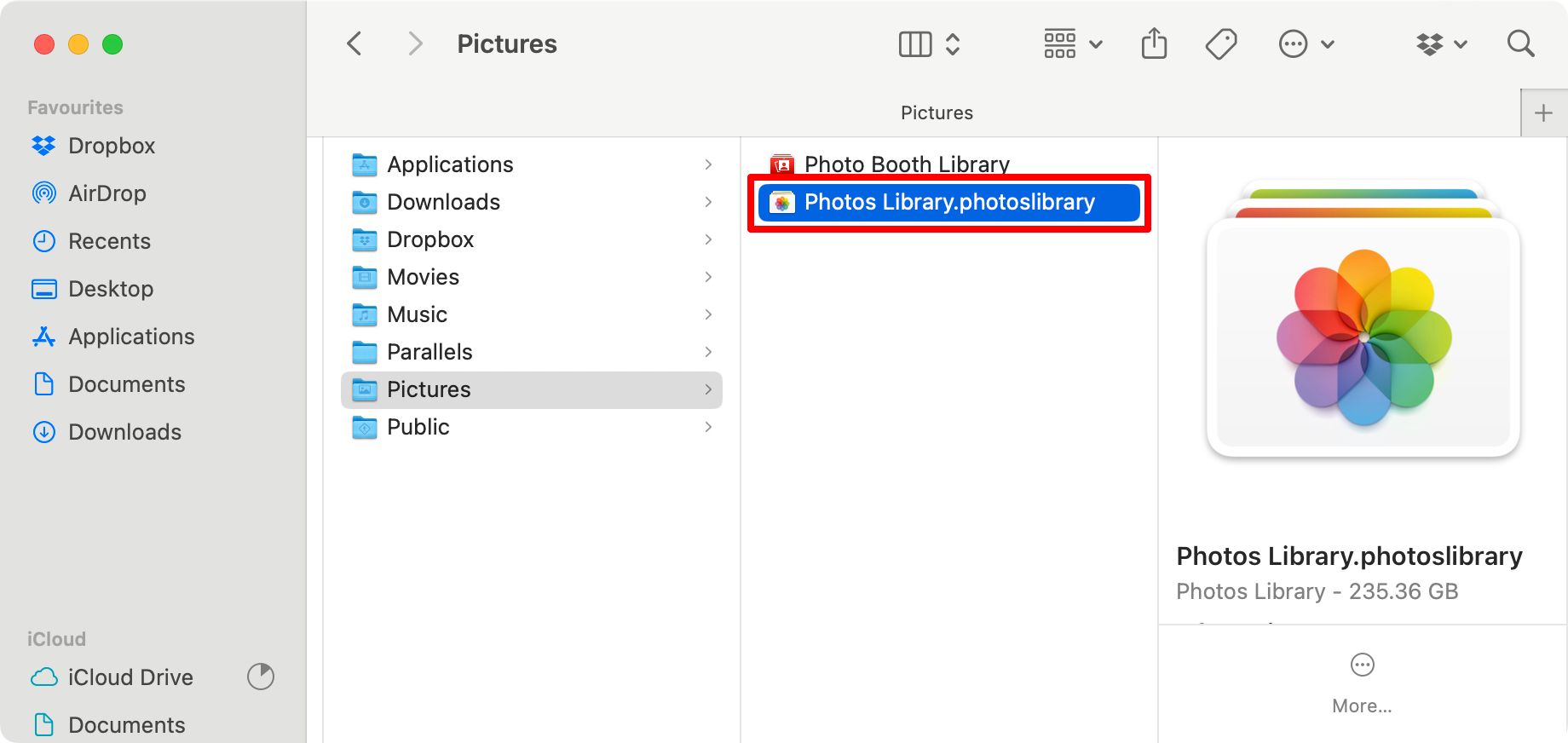 Файл фототеки Photos Library в Finder.
