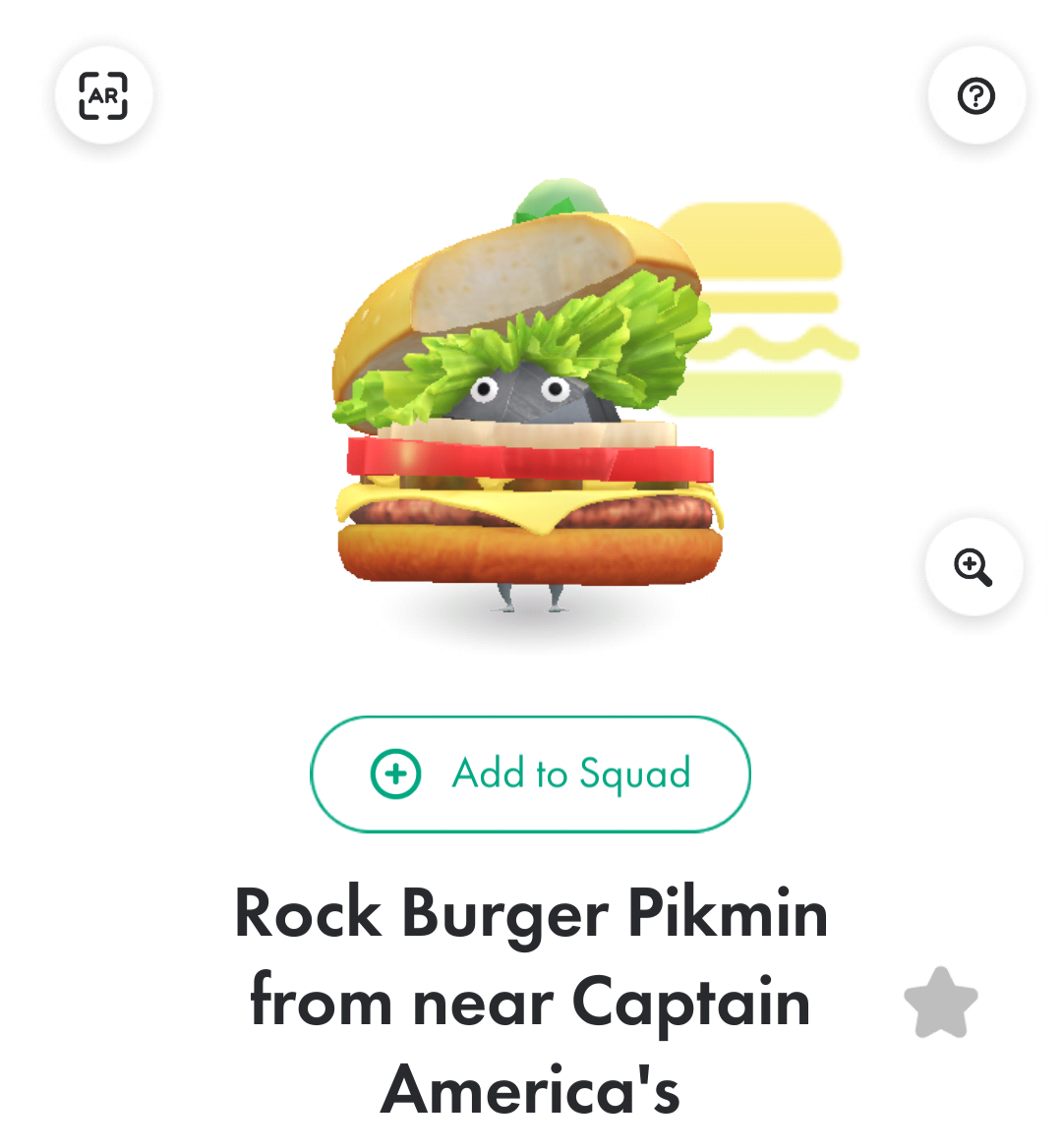 A Pikmin character wearing a burger suit, peeking out between layers of lettuce and tomato.