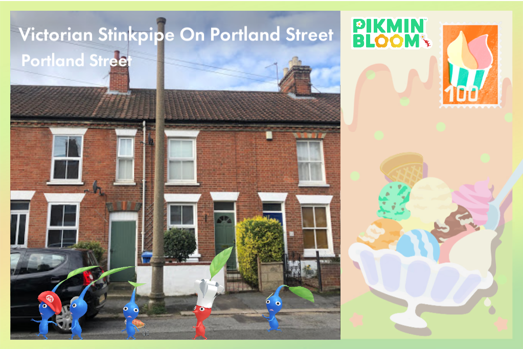 A postcard featuring an ice-cream sundae, several Pikmin characters, and a residential street with a large vertical pipe in the foreground.