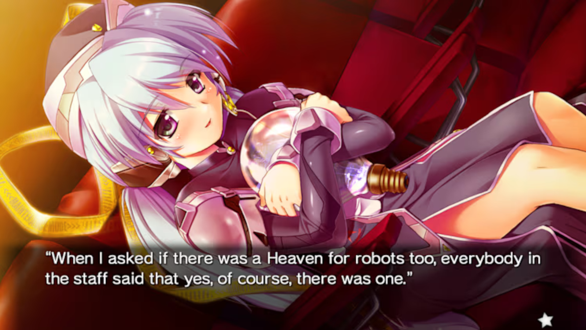 Captura de tela da jogabilidade do planetário: o devaneio de um pequeno planeta do personagem Hoshino, falando sobre o céu para robôs enquanto abraçava uma lâmpada.