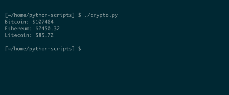 Output from a python script showing the current price of three cryptocurrencies: Bitcoin, Ethereum, and Litecoin.