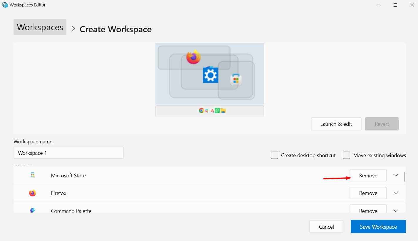 Remove button in Workspaces Editor.