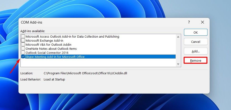 Remove option in the COM Add-ins window.