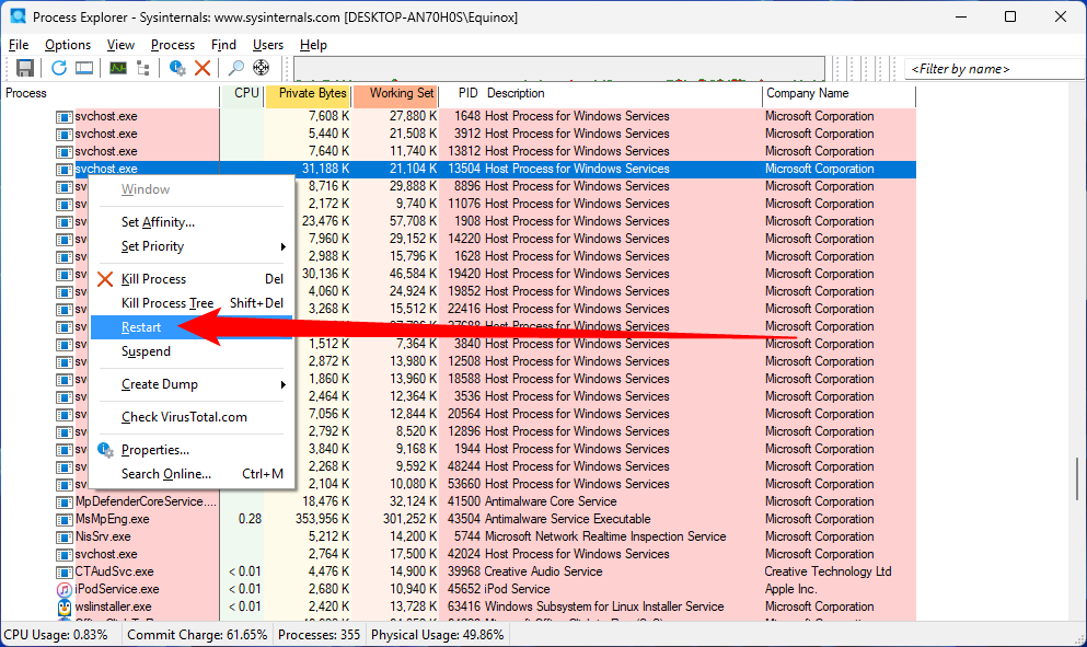 Restarting or ending a process in Process Explorer. 