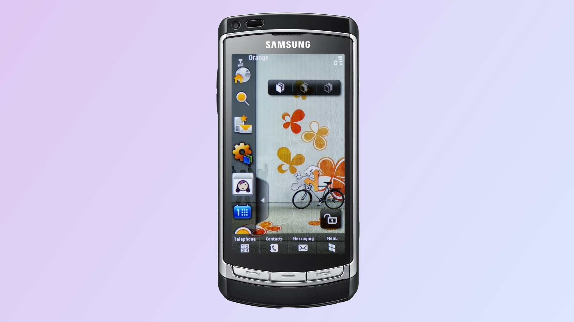 A Samsung Omnia HD on a violet background.