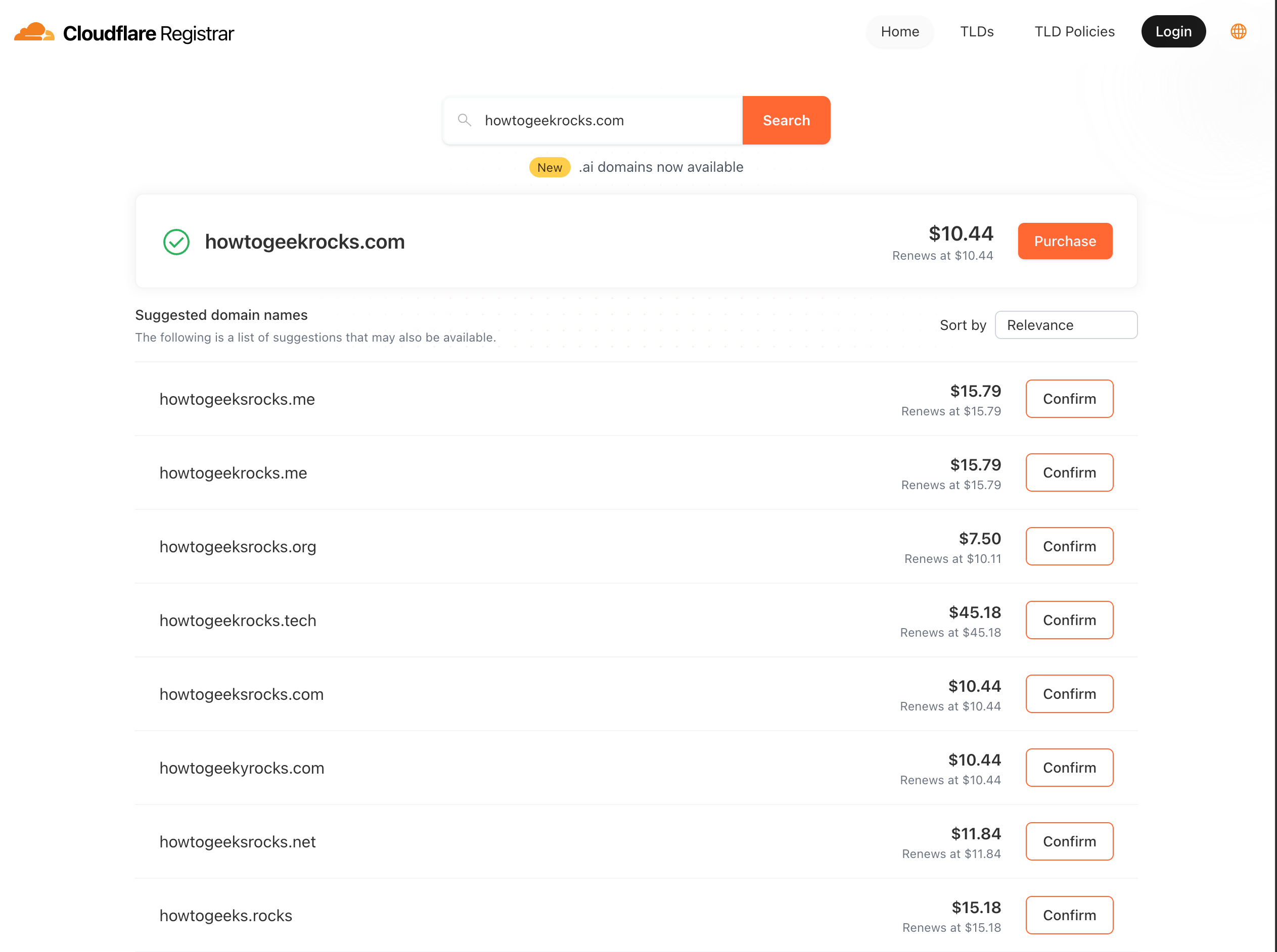 The Cloudflare domain name registration interface showing the howtogeekrocks.com domain.