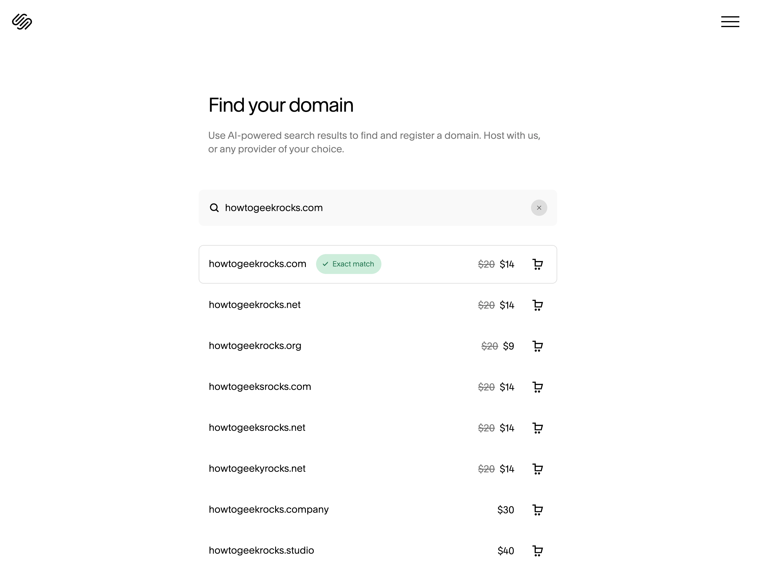The Squarespace domain name registration interface showing the howtogeekrocks.com domain.
