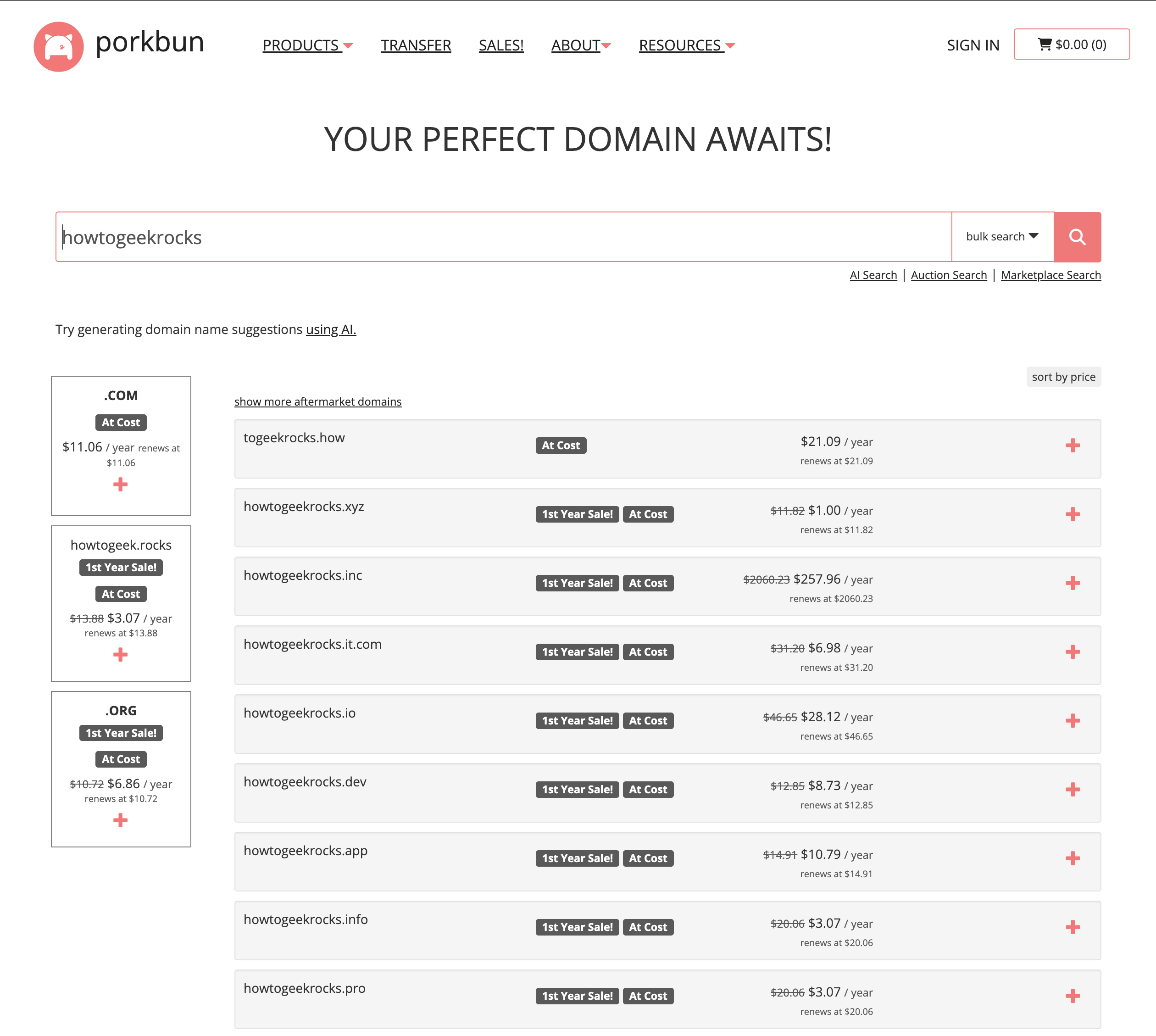 The Porkbun domain name registration interface showing the howtogeekrocks.com domain.