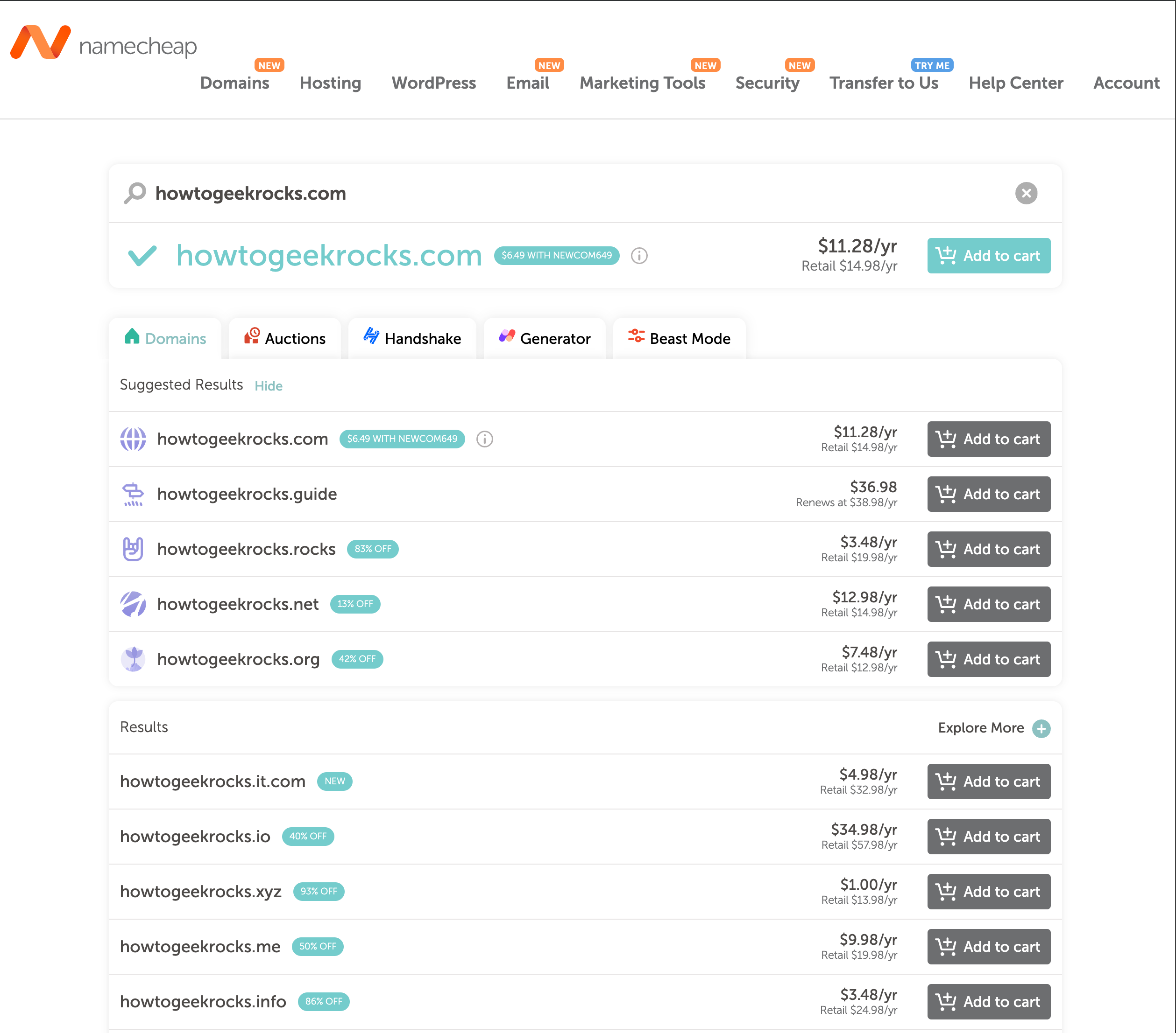 The Namecheap domain name registration interface showing the howtogeekrocks.com domain.