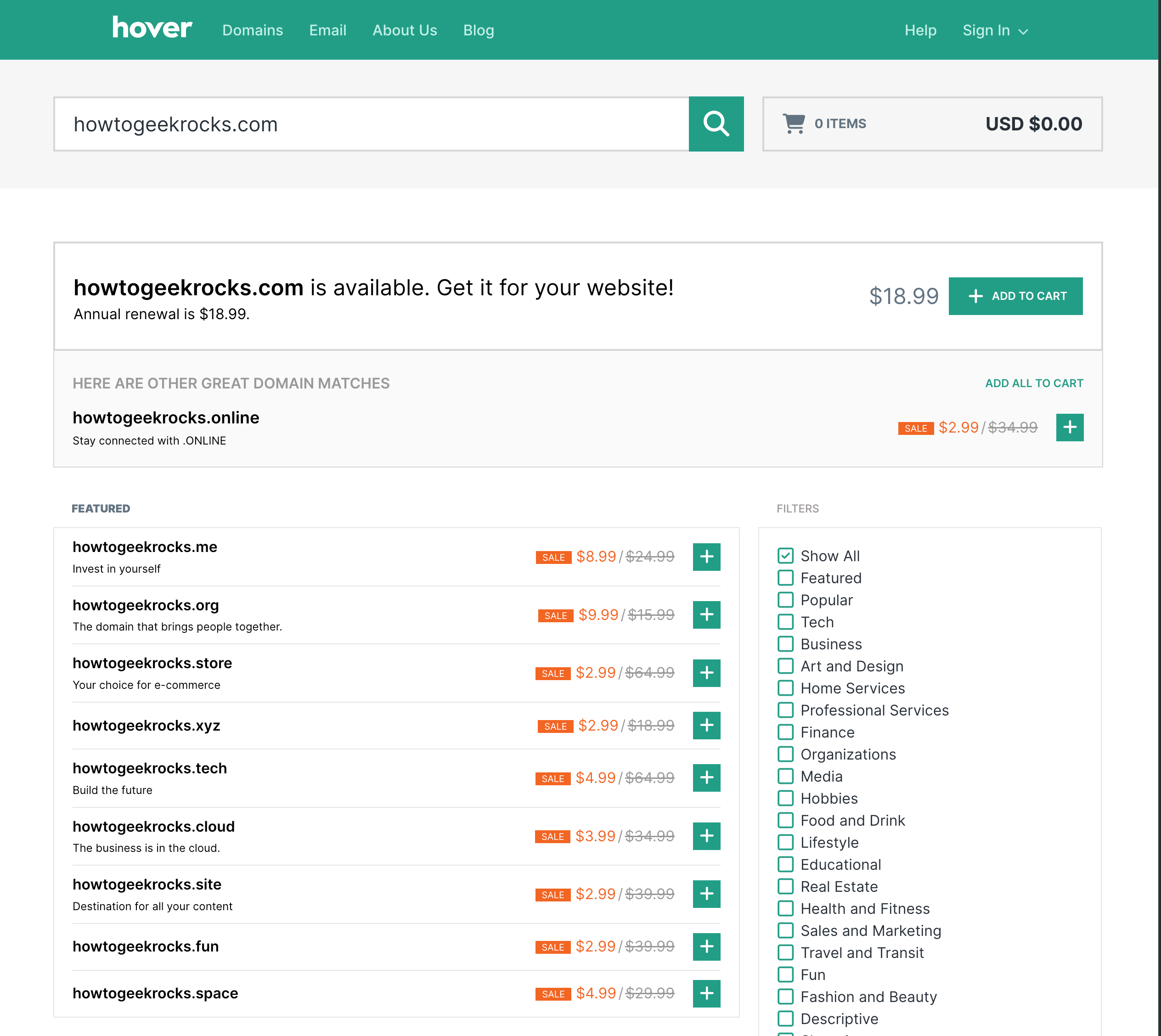 The Hover domain name registration interface showing the howtogeekrocks.com domain.