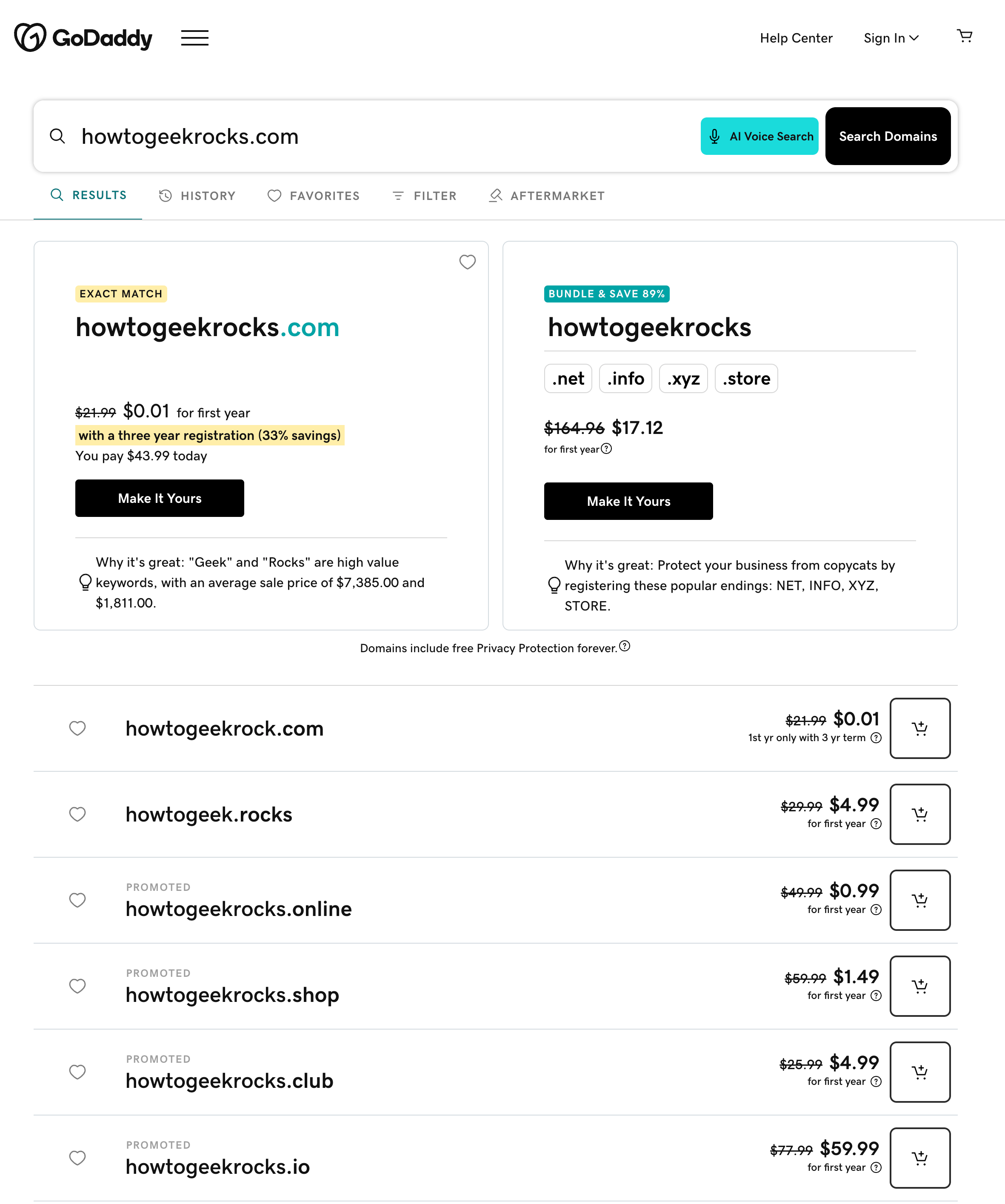 The GoDaddy domain name registration interface showing the howtogeekrocks.com domain.