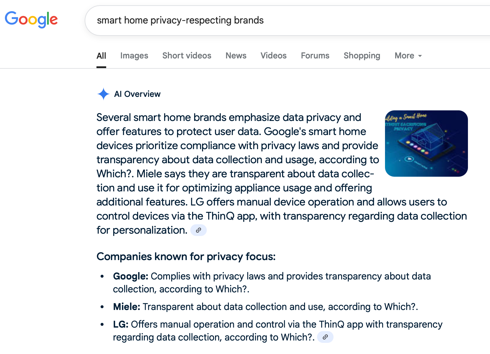 A Google AI Overview answer for smart home privacy-respecting brands.