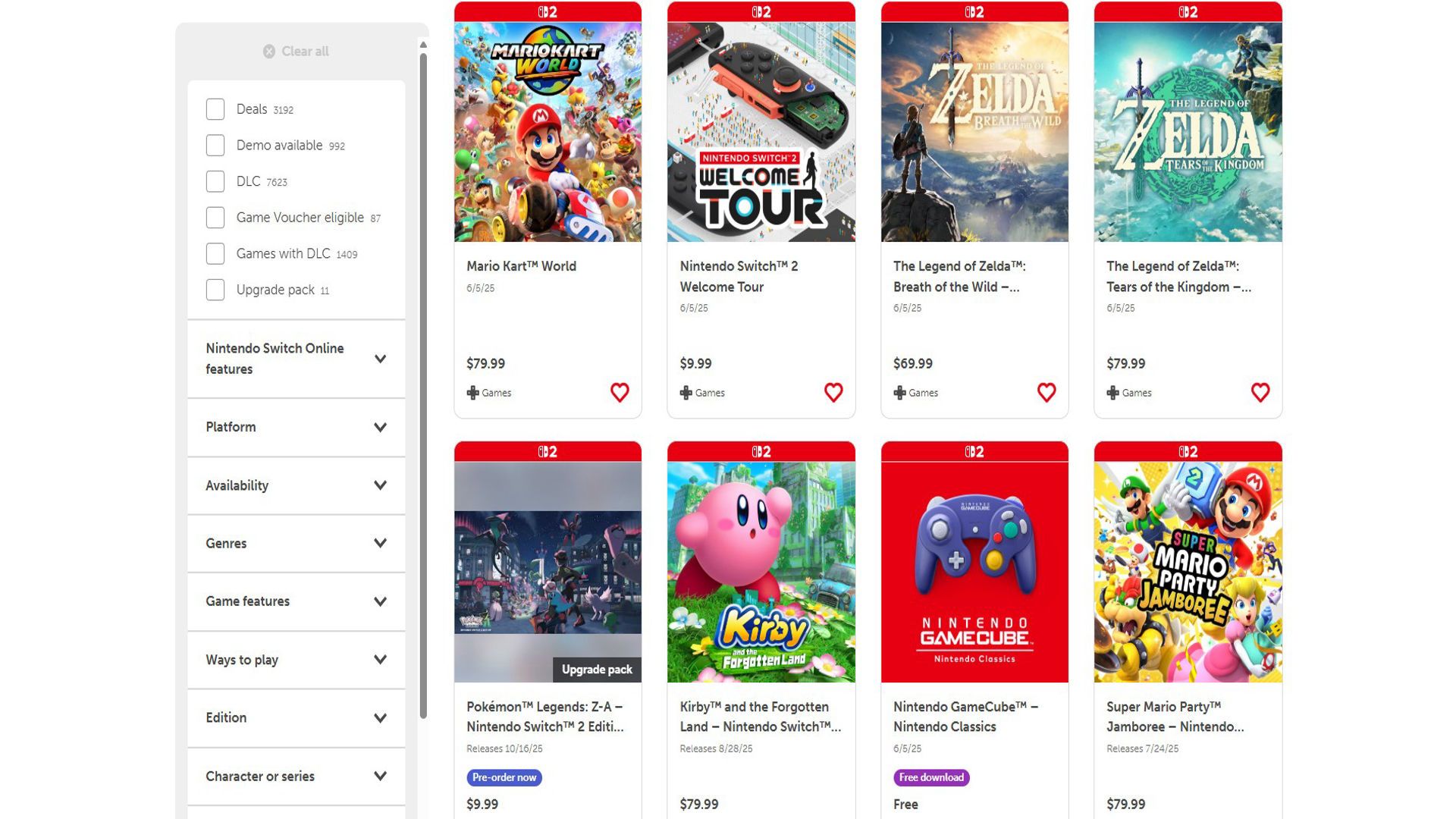 Nintendo's Switch 2 lineup on the eShop.