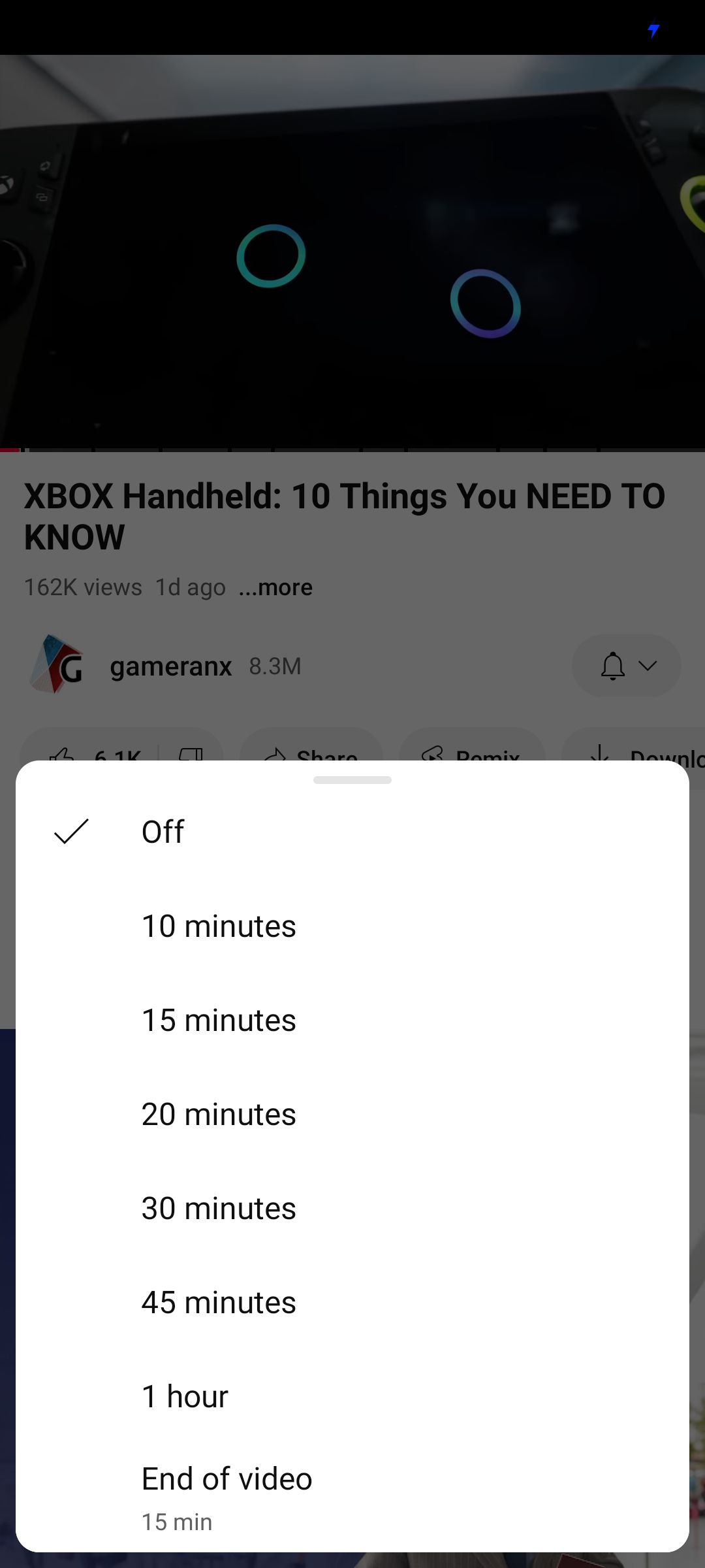 The "Sleep Timer" settings in YouTube app.