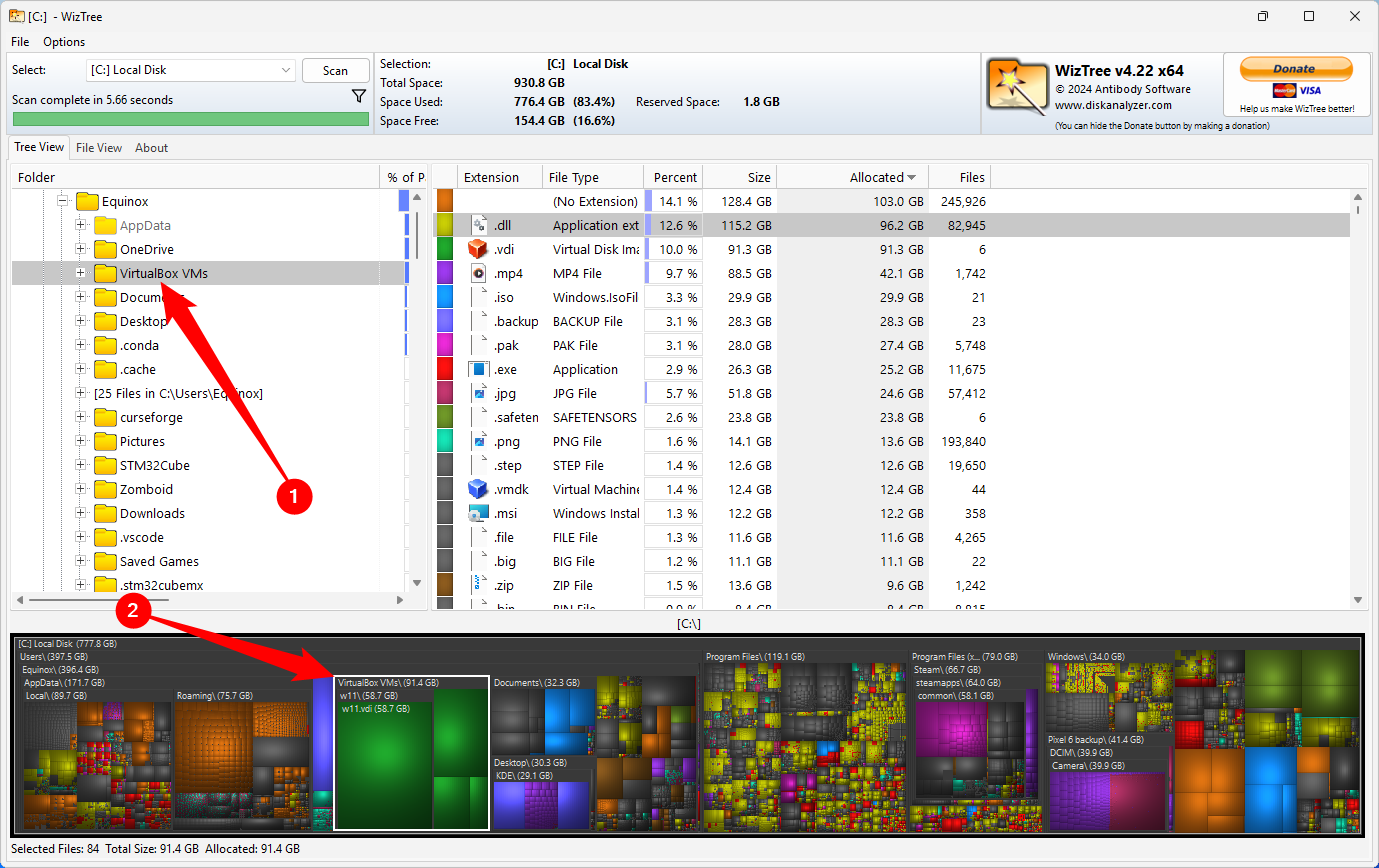 Selecting a parent folder in WizTree. 