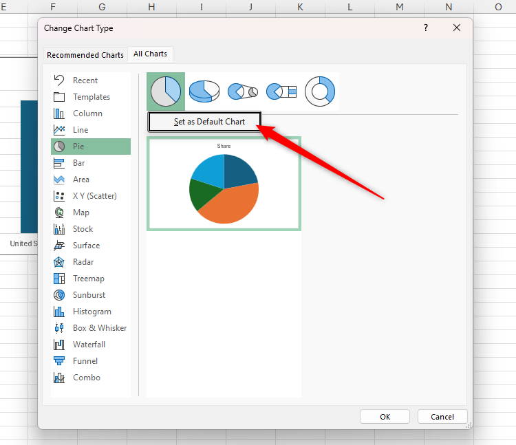 Defining the default graph is selected in the Excel modification diagram type window.