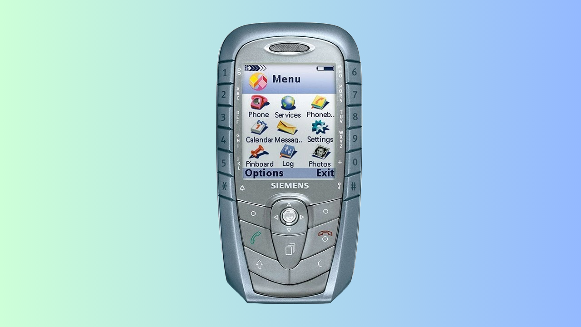 A Siemens SX1 smartphone on a teal background.