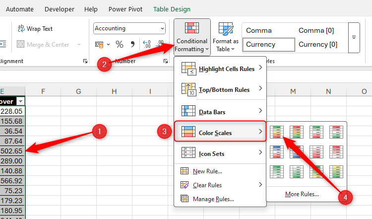 Some cells are selected in Excel, and the green to red color scale in the Conditional Formatting menu is selected.
