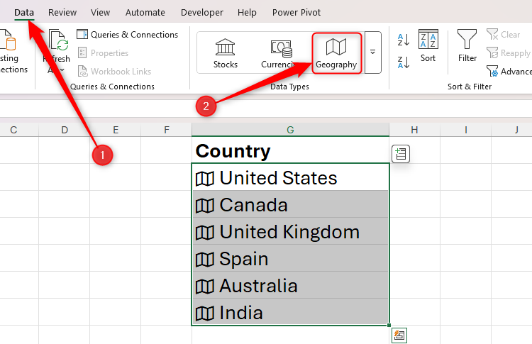 Some cells in Excel are converted to the Geography linked data type.