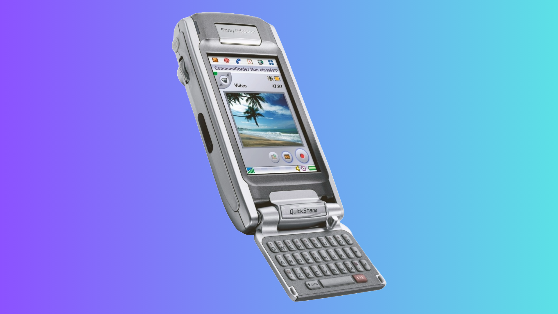 A sony ericsson p910 smartphone on a violet and blue background.